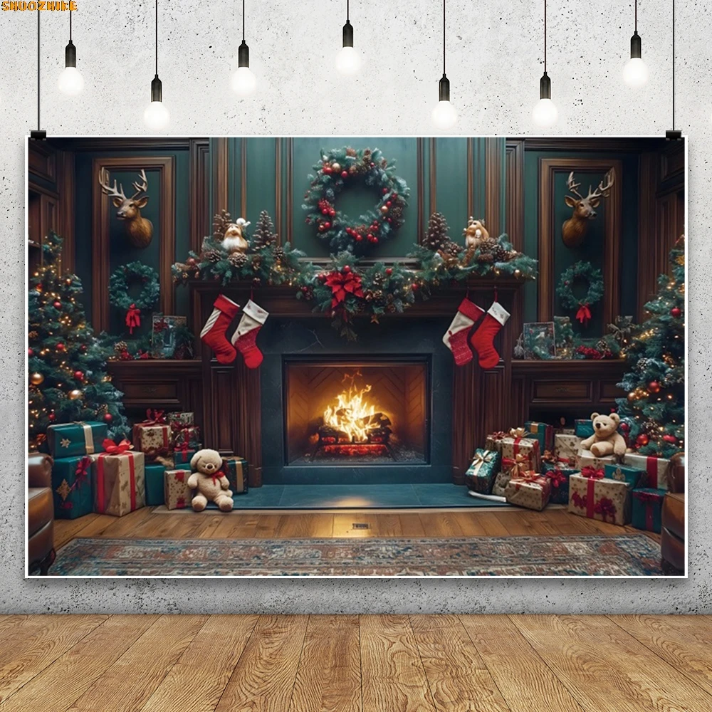 

Christmas Fireplace Backdrop Retro Grey Wooden Cabinet Bookshelf Xmas Tree Wreath Teddy Bear Gift Kid Family Portrait Background