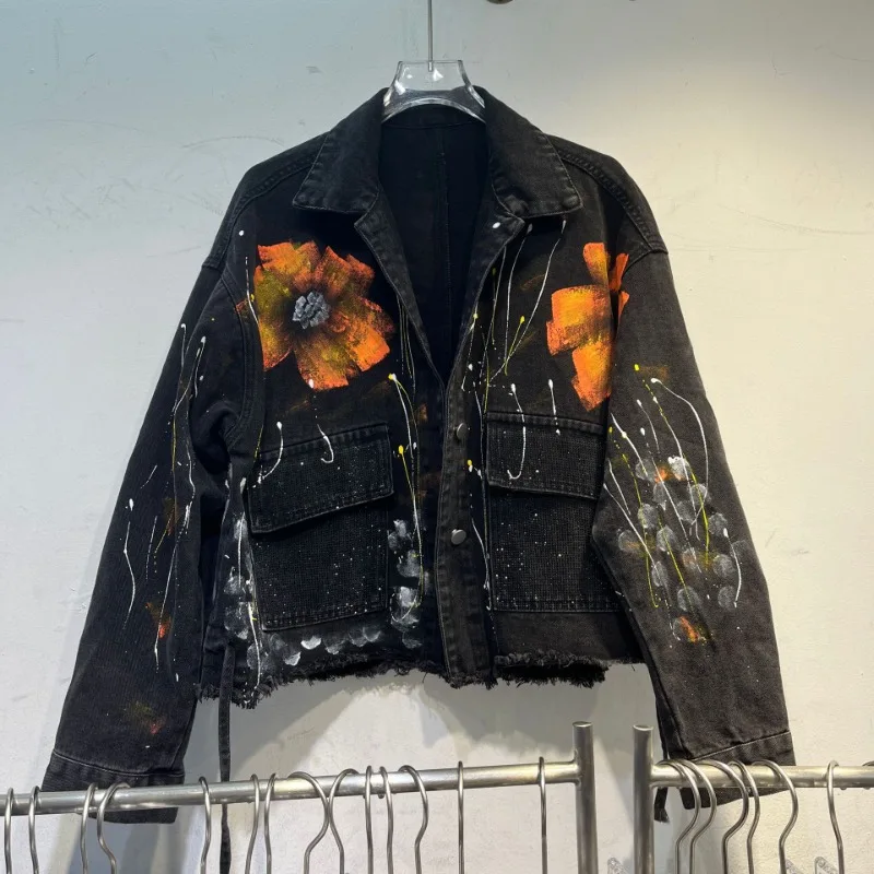 European Style High Sense Graffiti Denim Jacket 2025 Autumn New BF Heavy Industry Skinny Top Coat Single-breasted Outwear Ladies