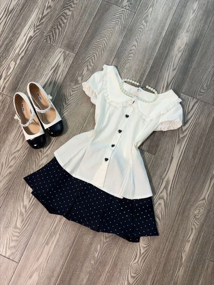 Summer New Doll Collar Shirt Polka Dot Pleated Skirt Suit French Cute Lace Love Waist Coat College Style Two-piece Sweet Girl view 4