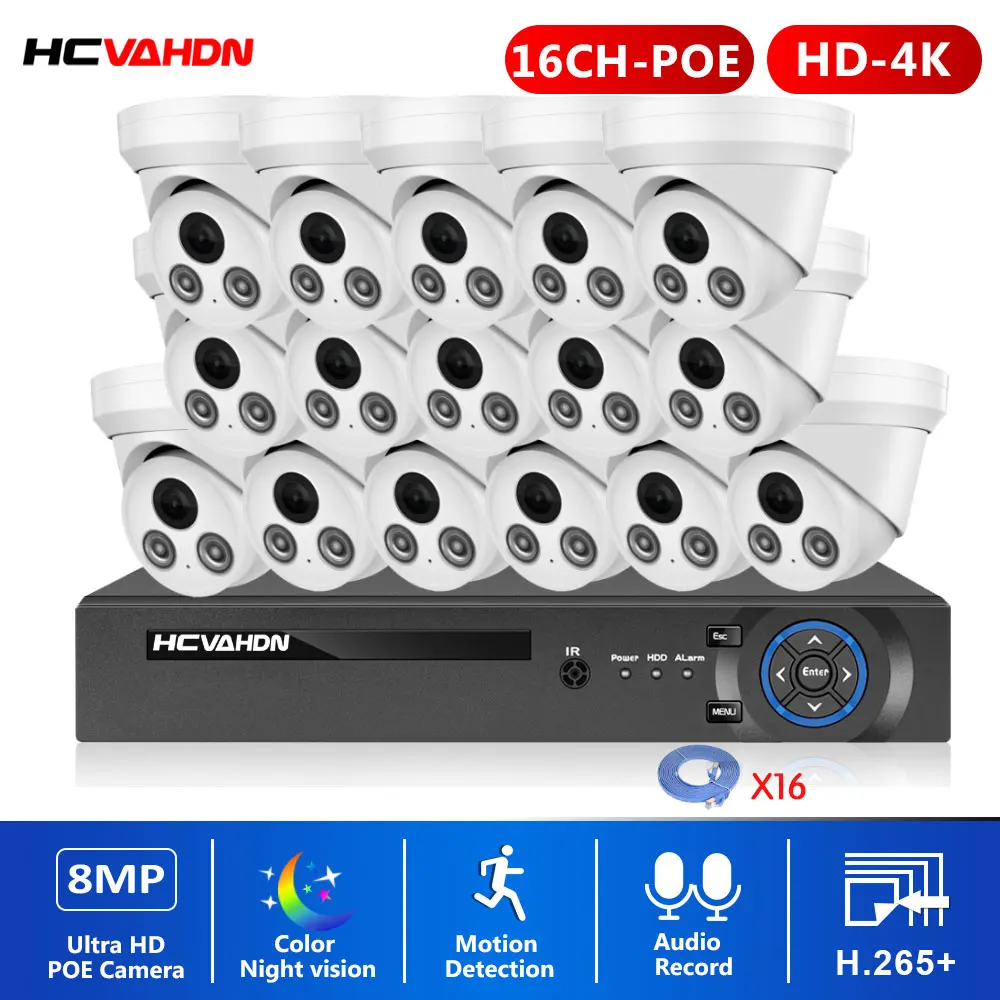 16CH 4K POE Security Camera System Color Night Vision Outdoor CCTV IP Dome Camera Video Surveillance System Kit 8CH NVR Kit 8MP