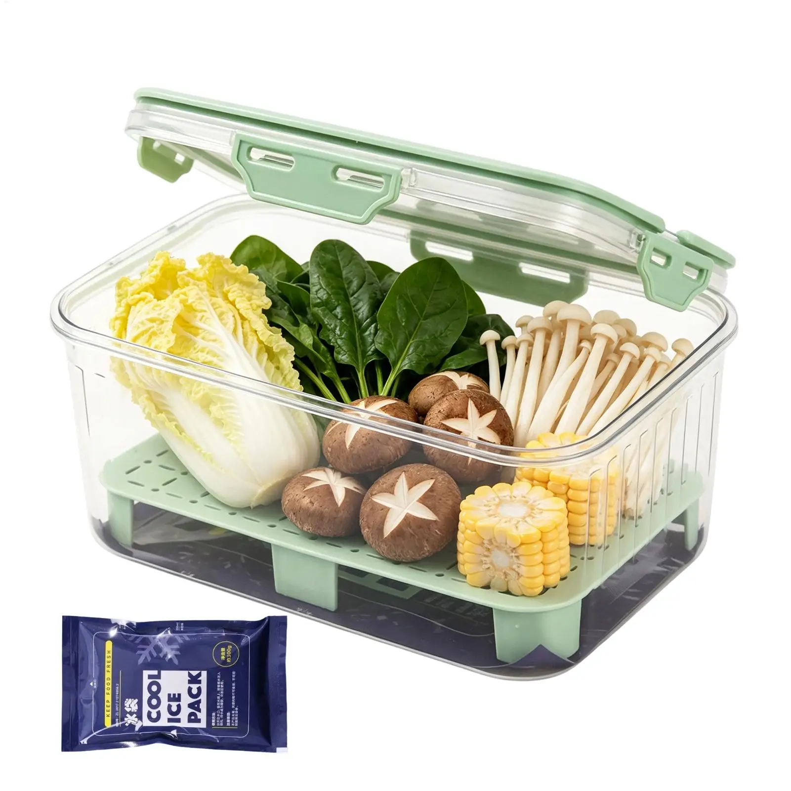 Large Clear Fruit Saver Containers 2-Layer Fridge Storage Box with Ice Pack Keep Fresh Containers for Berry Salad Vegetable
