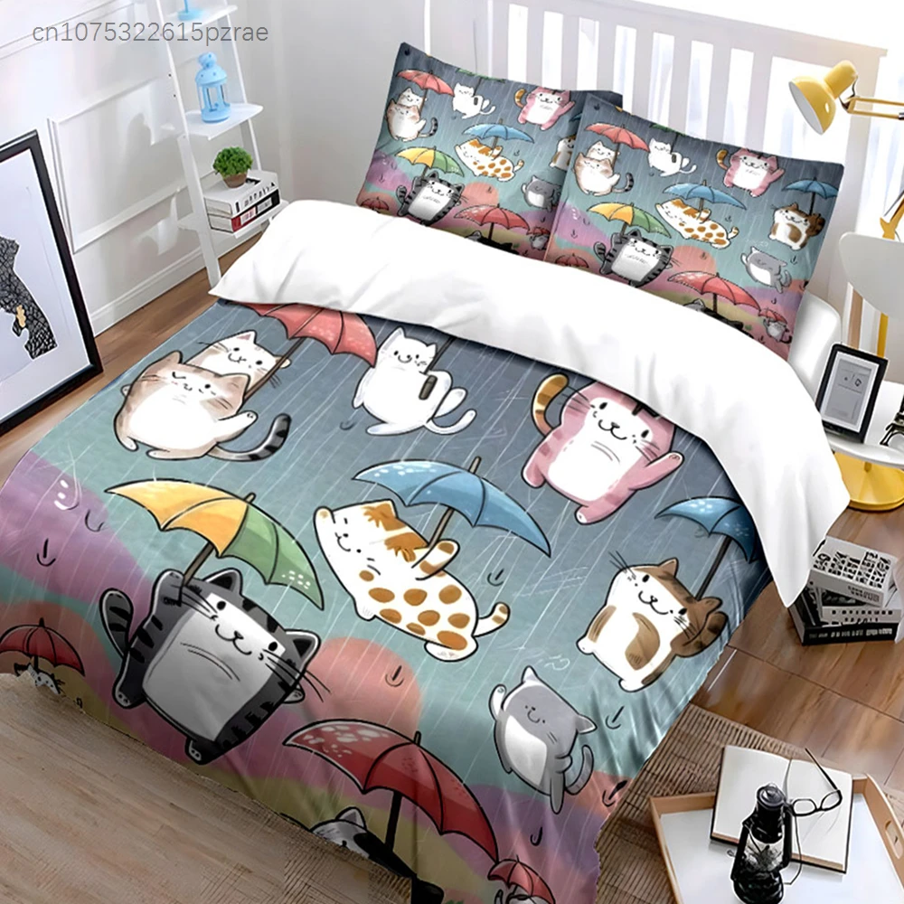 Cute Cats Pattern Three-Piece Set Multiple Sizes kid's And adults' Bedroom Exquisite 3PC Bedding set, Gift