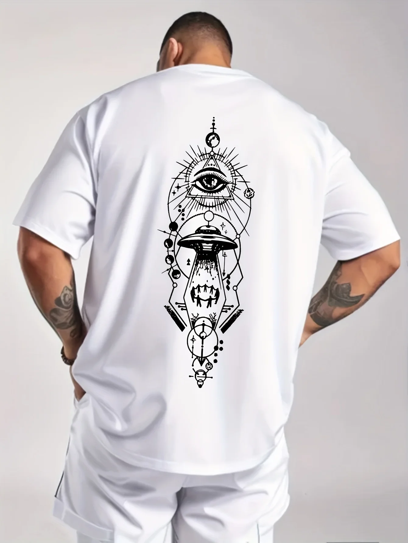 Men's Summer UFO Eye Line Draft Pattern Printed Casual Sportswear Multi-purpose Short-sleeved T-shirt 100% Cotton Street Fashion