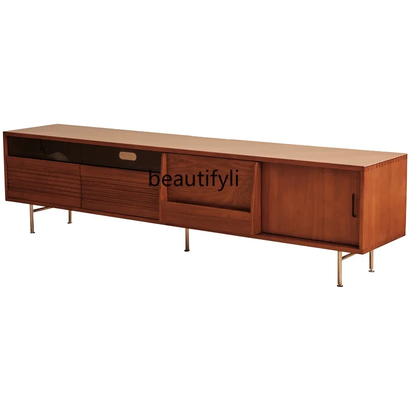 

xzSolid wood TV cabinet floor-to-ceiling retro living room home storage locker, TV table