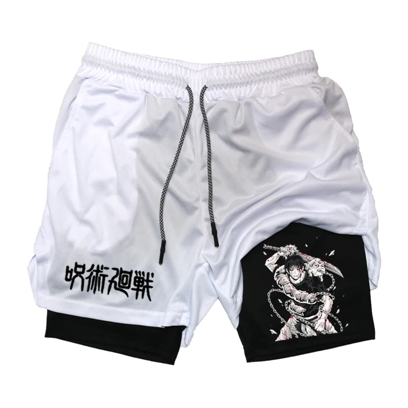 Anime Performance Shorts Toji Printed Men GYM Casual Sports Shorts Workout Running Mesh 2 In 1 Sport Short Pants