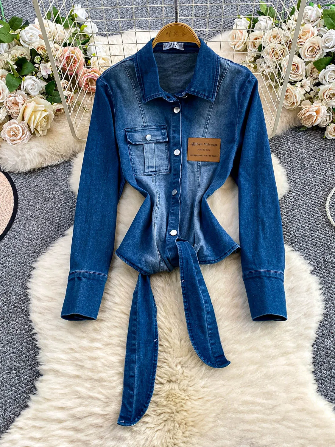 

Retro American Blue Long Sve Denim Jaet Women's Slim Fit Tie Waist Slimming Top Trendy Autumn Outerwear Coat