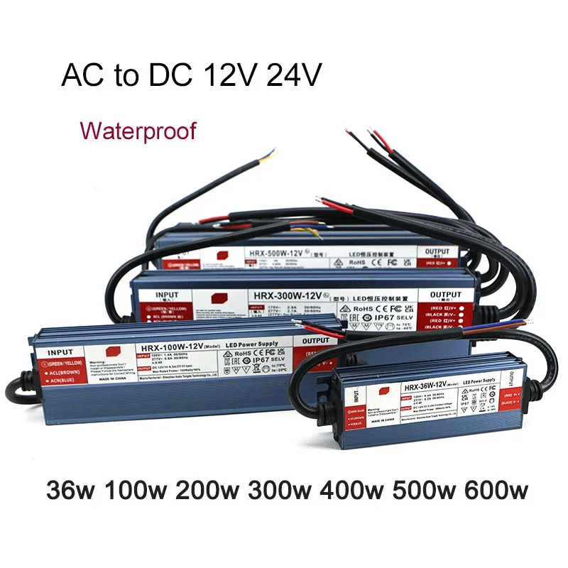 

36/100/200/300/400/500/600W AC to DC 12V 24V IP67 Waterproof led strip Lighting Transformer Driver Outdoor Power Supply M20