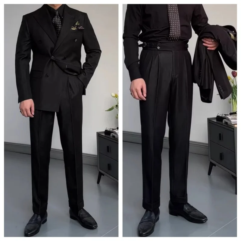 

High-end Black Men's 2-piece Suit Double-breasted Retro Distressed Peaked Lapel Elegant Suit Casual Business Wedding