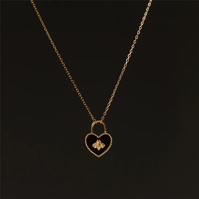 Stainless Steel Plated 18k Gold Bee Heart Black Lock Pendant Necklace Women Classic Versatile Party Jewelry