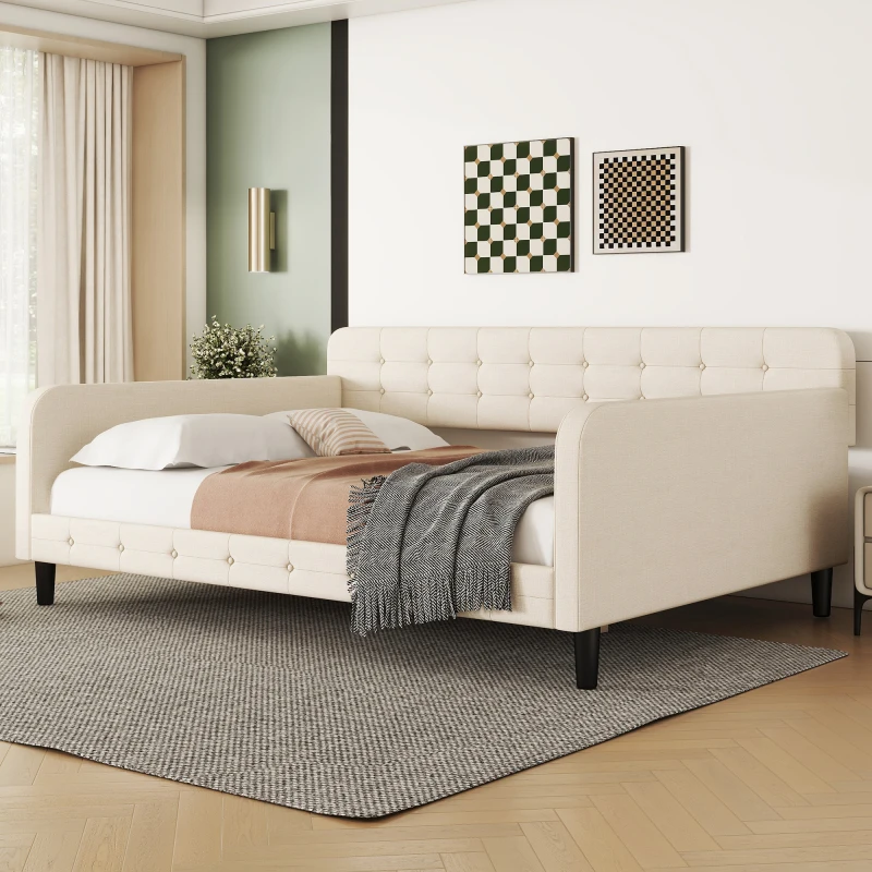 

Full Size Upholstered Tufted Daybed with 4 Support Legs, Beige