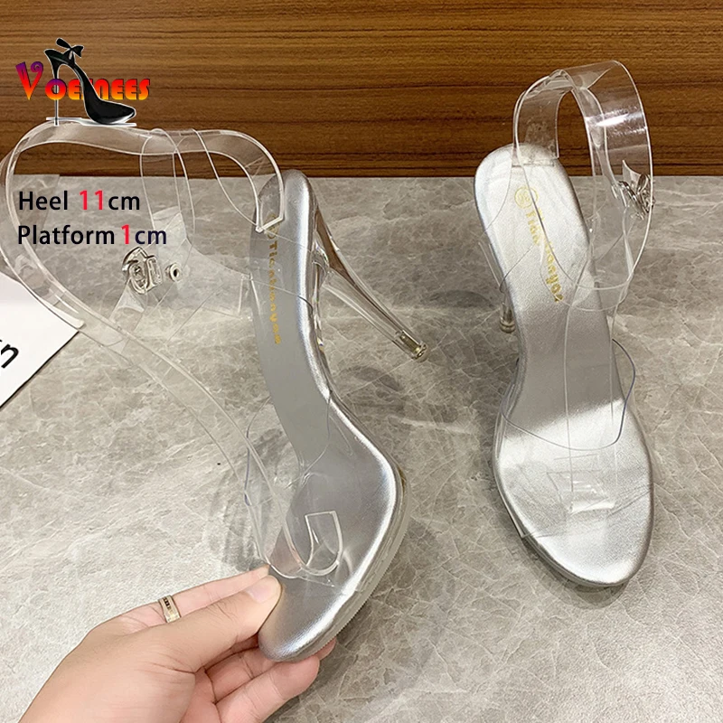 New Transparent Buckle Strap Sandals 11CM Summer Sexy Crystal Wedding Shoes Women Nightclub Party Thin High Heels Size 43