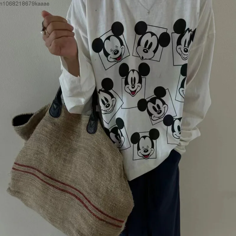 Disney Fun Cartoon Mickey Printed Fashion Long Sleeve T-shirt For Women Spring And Autumn New Trend Niche Top Loose Casual Tees