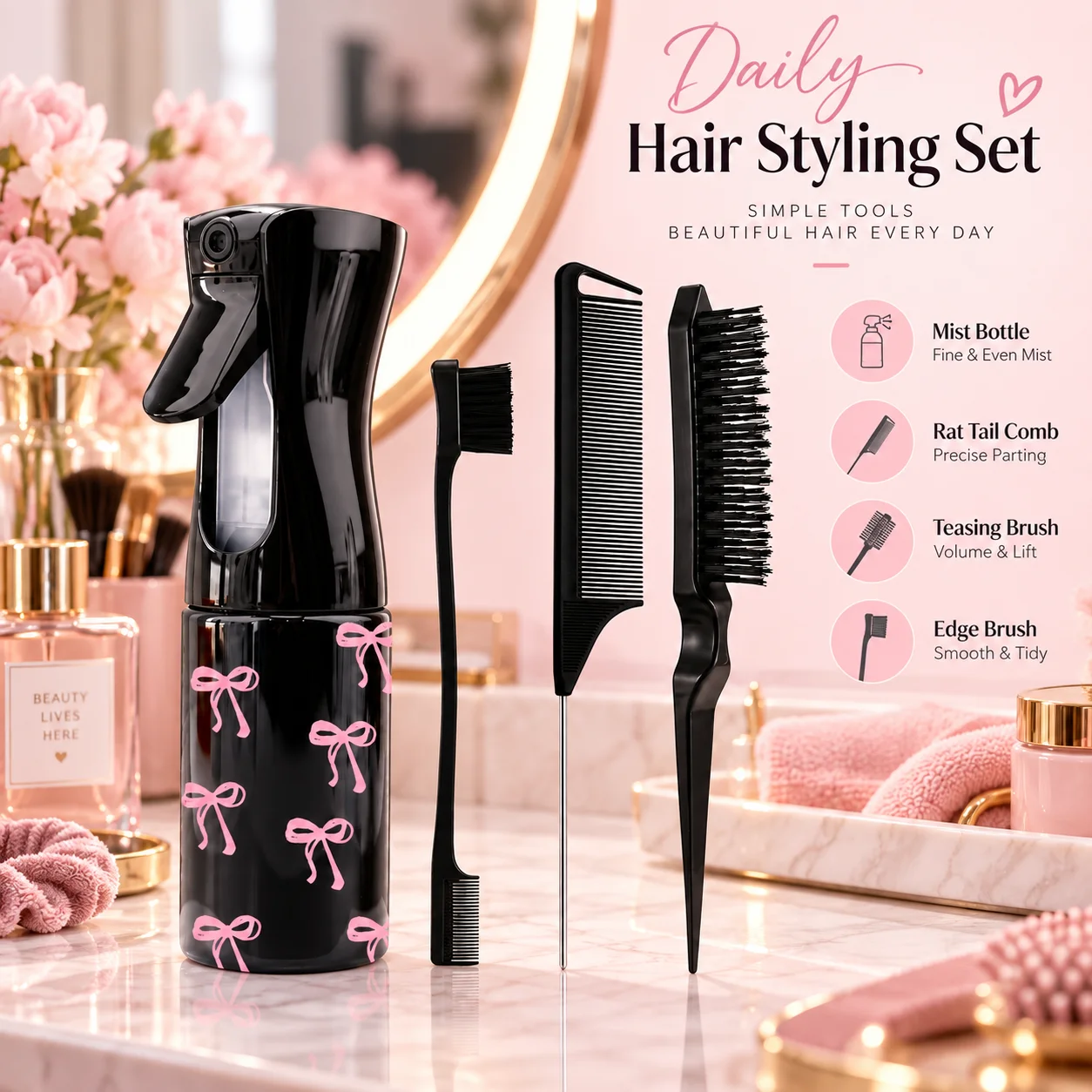 Hair Styling Tool Set Lightweight Continuous Mist Spray Bottle Edge Brush Rat Tail Comb Teasing Brush Salon Hairdressing Kit