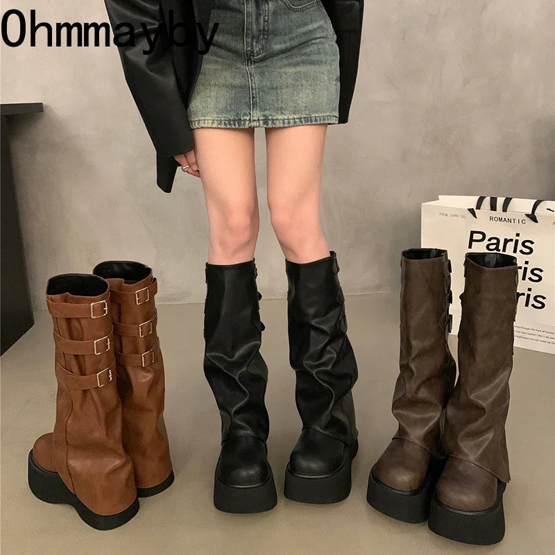 Punk Style Belt Buckle Long Knee-High Women Boots Fashion Platform Heels Shoes Autumn Winter Slip On Party Botas Mujer