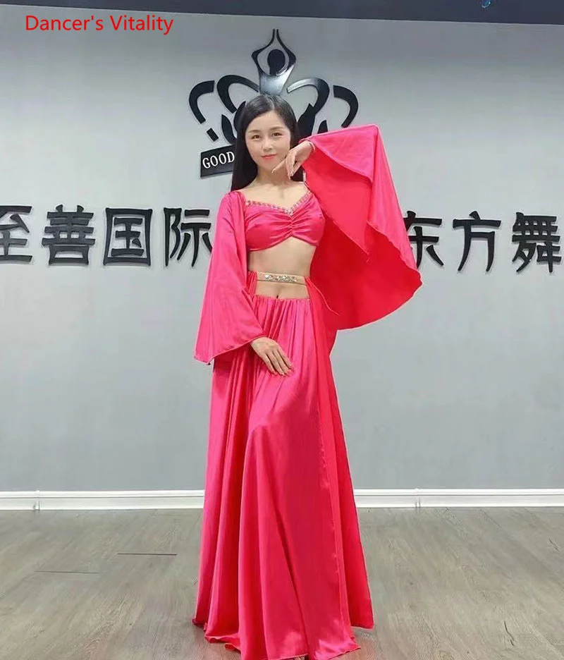 Ropa de rendimiento de danza del vientre para mujer, traje de baile de satén, falda larga superior, ropa de Baile Oriental personalizada para