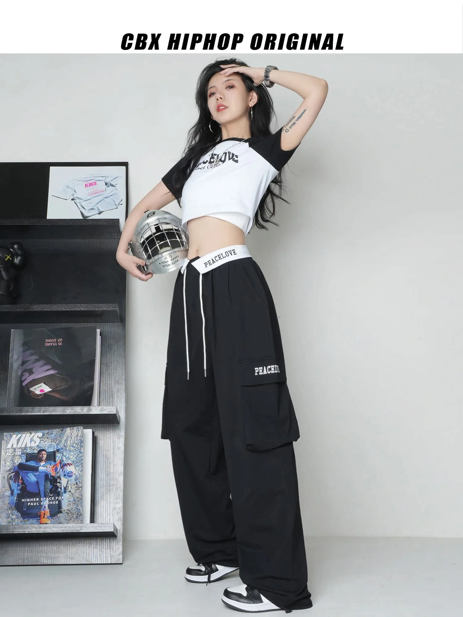 

CBXLAB Street Dance Women's Flip-waist design hip-hop jazz dance sports pants fashionable and cool elastic thin trousers