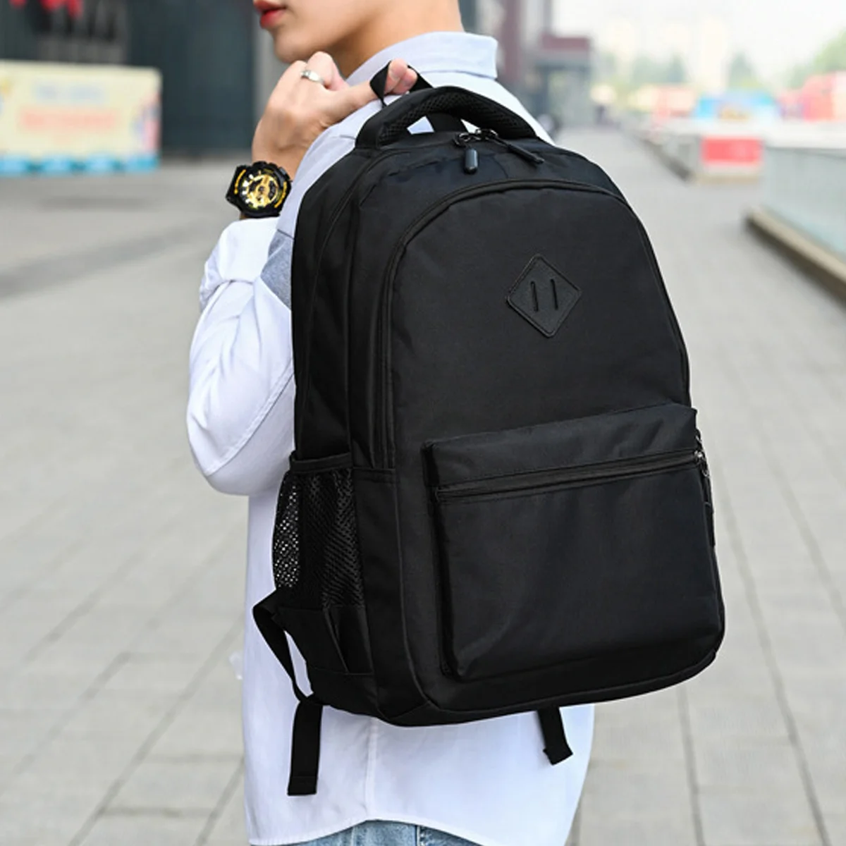 حقيبة ظهر رجالية من القماش أحادي اللون ، كاجوال للعمل ، سعة تخزين كبيرة ، جيوب متعددة