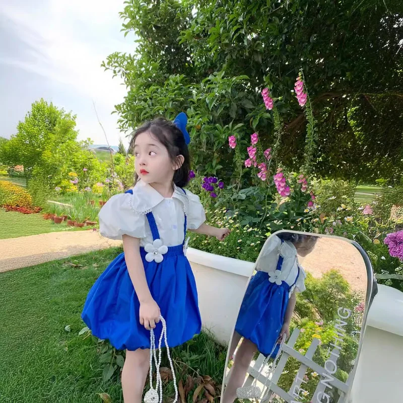 Summer New Klein Blue Girls' Suit Fashion Shirt and Suspender Skirt Two-Piece SuitWS