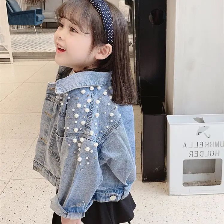 

Girls beading denim coat 2024 new spring and autumn little girl Korean washed denim coat children's clothing