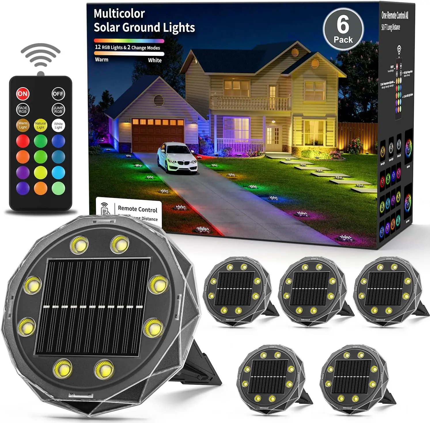 

Solar Ground Lights 50ft, IP67 Waterproof RGBYW Outdoor Landscape Lights with Remote Control, 6 Pack for Yard, Patio, Pathway