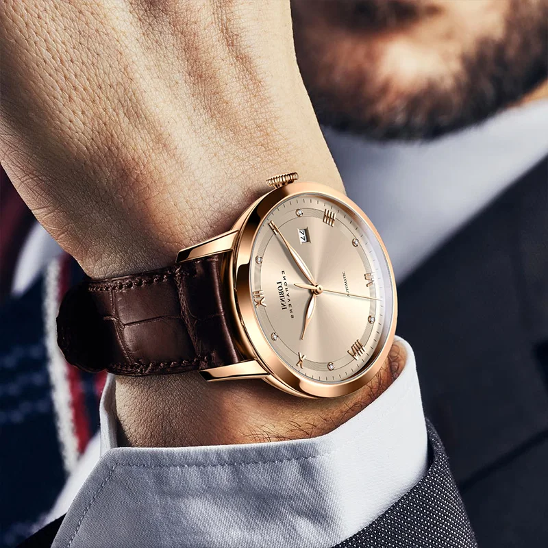 LOBINNI Fashion 41mm Men's Dress Watch Male Rose Gold Color Luminous 5Bar Waterproof Automatic Watches