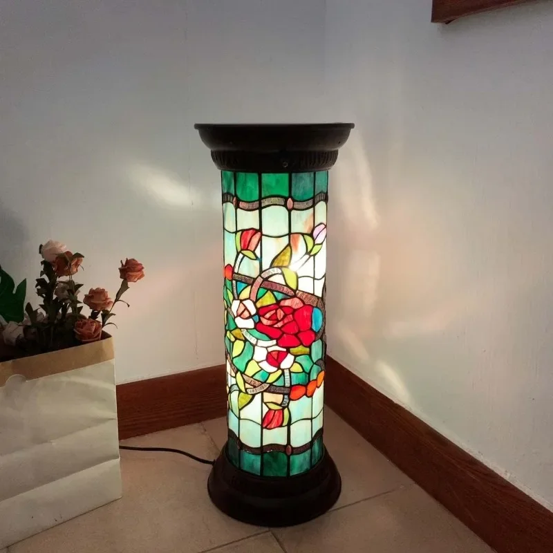 L10823 Rose Flower Style Stained Glass Pedestal Floor Lamp for Decorating, 26 inches Tall