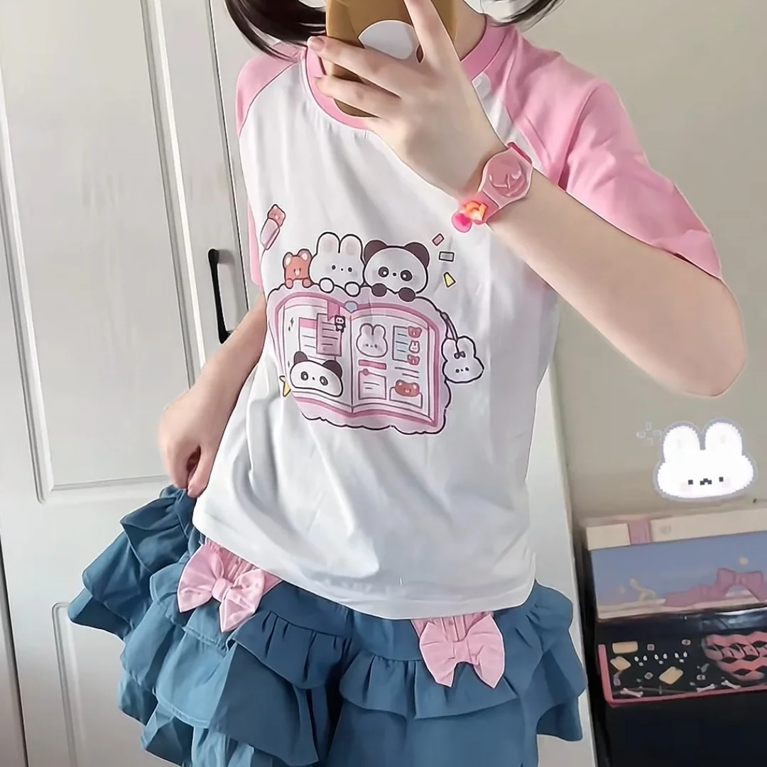 Cute Rabbit Bear Diary Cartoon Pink oulder Insert Top for Girls Student Sweet Soft Girl Versatile T-irt Summer Children's...