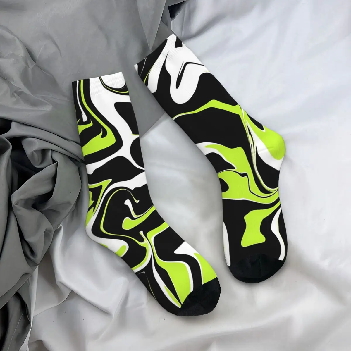 

All Seasons Crew Stockings Abstract Distorted Swirl Neon Green And Black Pattern Socks Casual Long Socks for Men Women Gifts