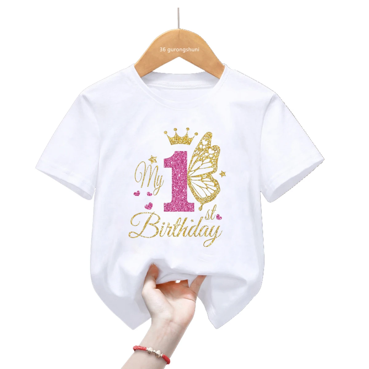 Funny My 1-9th Happy Birthday Princess Golden Butterfly Theme T-Shirt Baby Girls Gift Kids Clothes Short Sleeve Tees Top