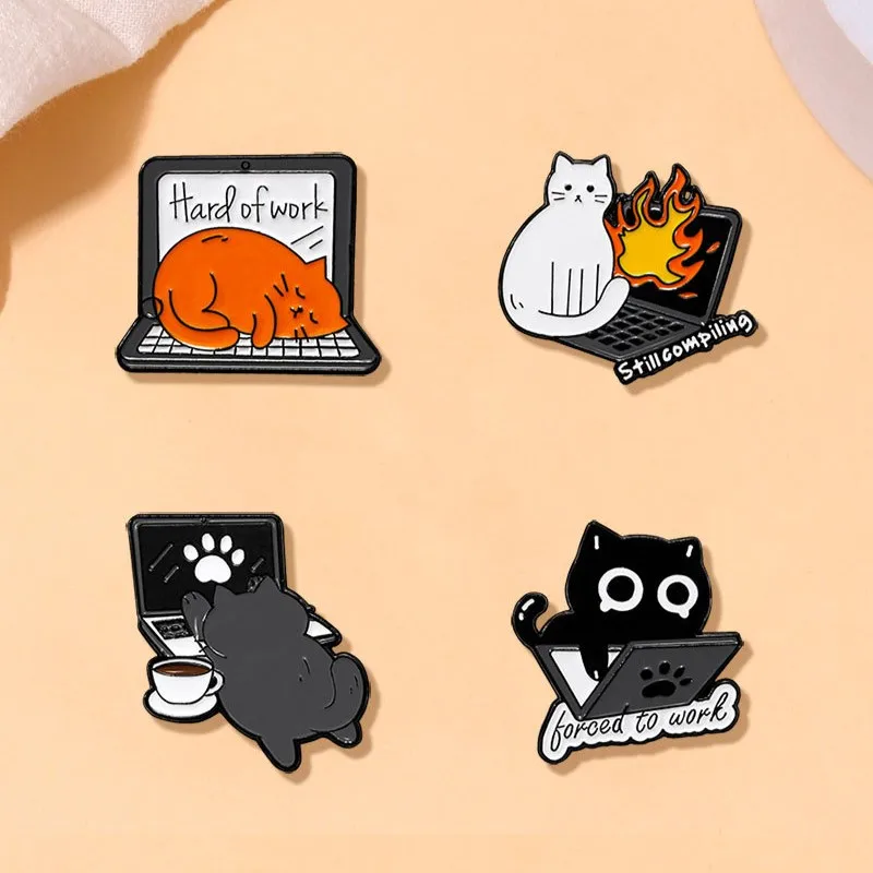 New cross-border computer laptop with quirky design, working cat brooch, fun cat work badge, clothing accessories
