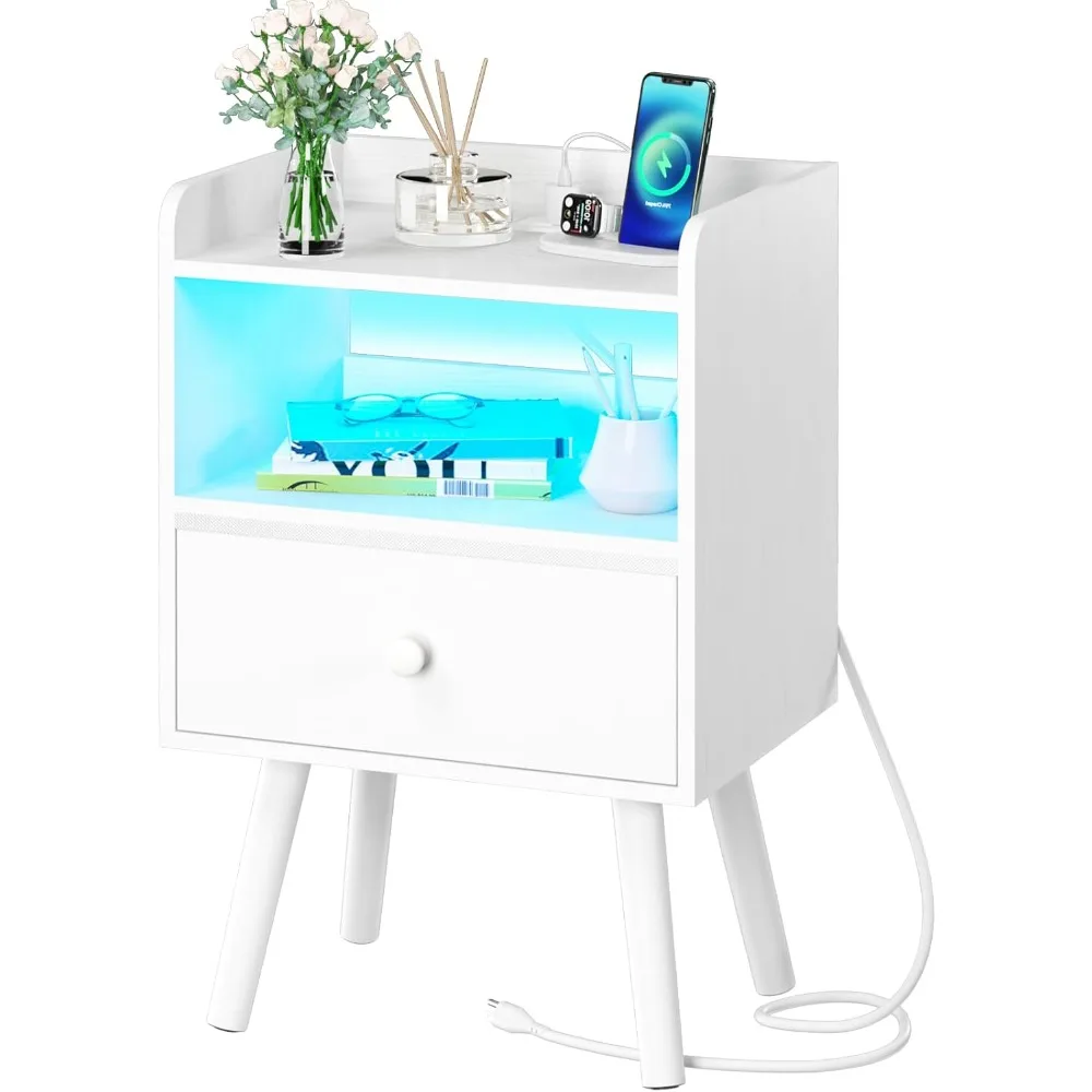 

Nightstand with Charging Station, Modern Night Stand with LED Lights/USB Ports, Wood Nightstands with Fabric Drawer & Storage