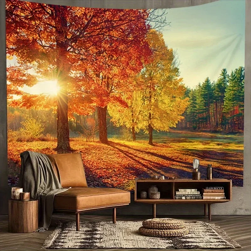 Vibrant Autumn Forest Landscape Wall Tapestry for Bedroom Living Room Home Decor Sunlight Tree Mural