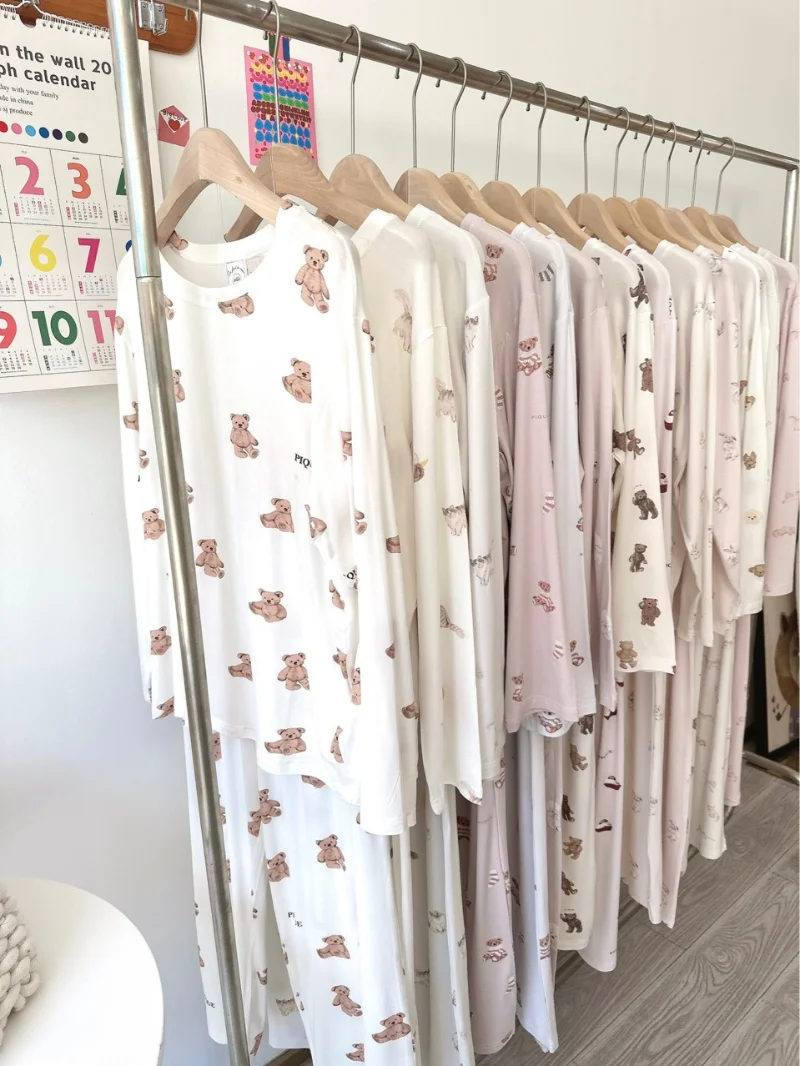 Summer New Japanese Cute Cartoon Printed Pajama Sets O-neck Long Sleeve Trousers Homewear Suit Loose Casual Outdoor Sleepwear