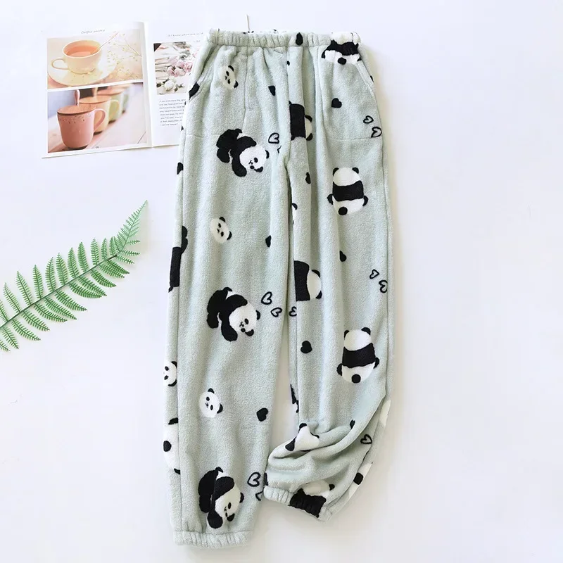 2025 nuevos pantalones de dormir para mujer de otoño e invierno, pantalones de casa con cierre cálido y suelto de dibujos animados gruesos de