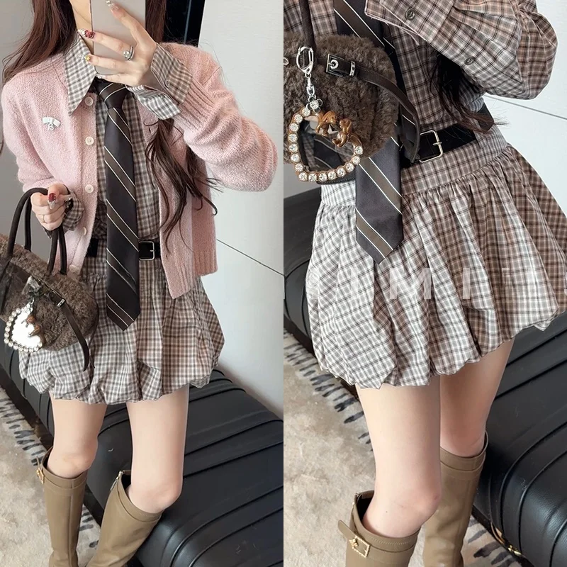 

Yulu Early Spring Color Blo Plaid irt Skirt Pants Woolen Open Cardigan Women's Faion Set Mimius H0087 Spring 2026