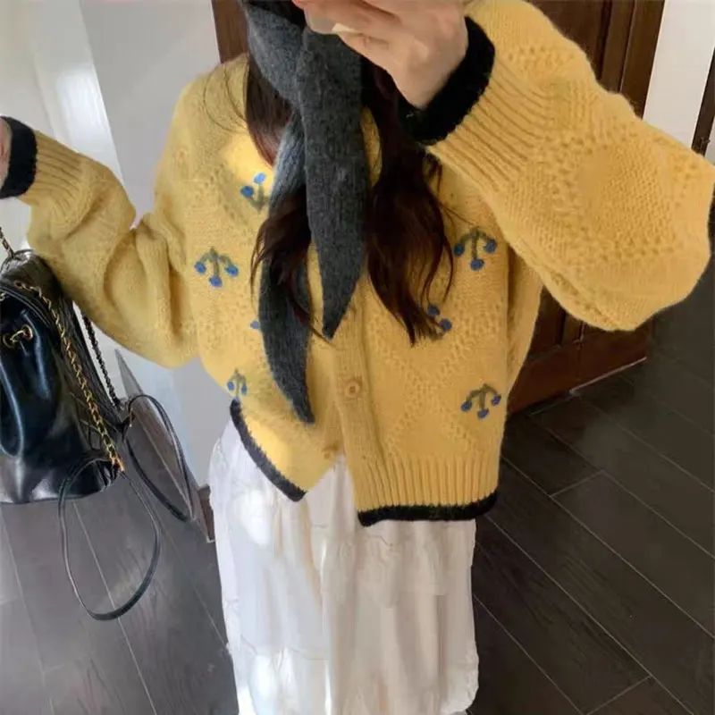 الملابس النسائية لطيف هوك زهرة سترة محبوك خمر الخريف الشتاء الألوان المتناقضة المرقعة سترات فضفاضة غير رسمية