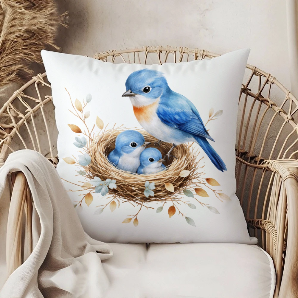Cushion Cover White Blue Bird Nest With Chicks Floral Design For Living Room Bedroom Decor
