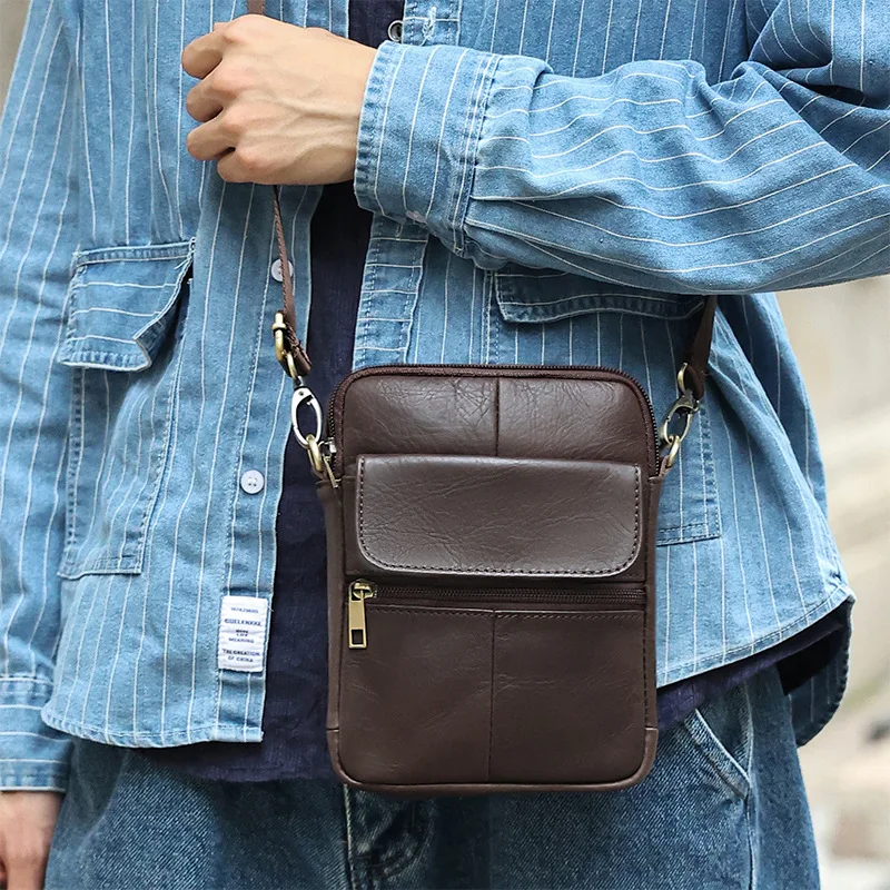 New Casual Men's Cow Leather Shoulder Phone Bag Male Small Crossbody Bag