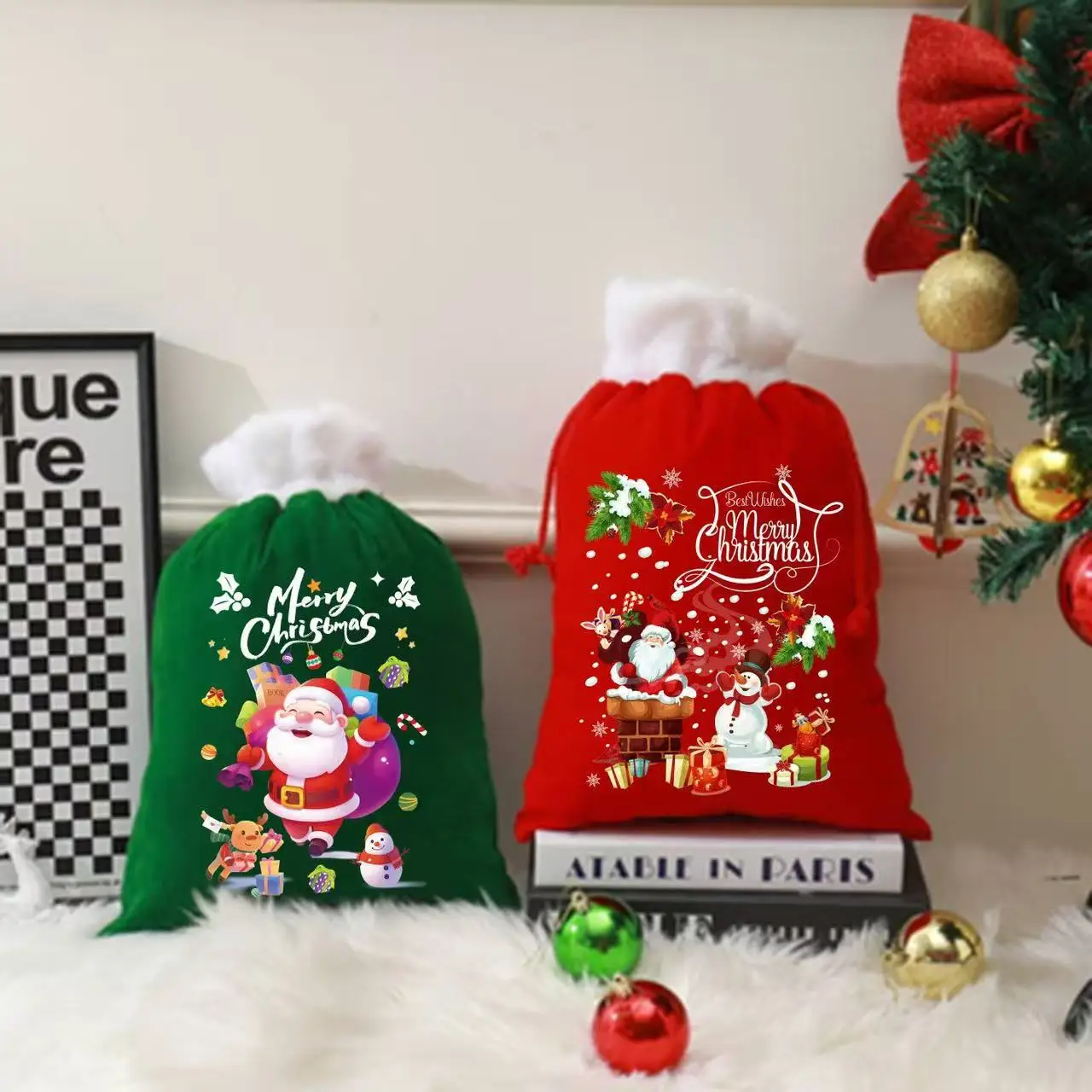 30x40cm Large Christmas Gift Bag Velvet Santa Claus Candy Drawstring Pouch Christmas Eve Party Apple Bag Favors Packaging Bag