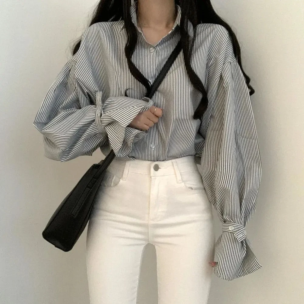 Women's Loose Striped Shirt Lantern Sleeve Casual Style Fashion Design Spring New Arrival Match All College Style Top