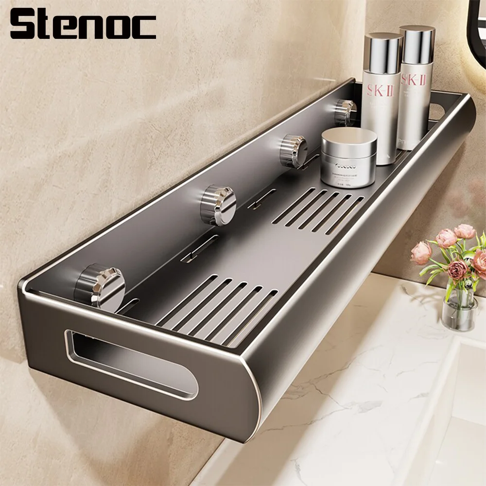 No-Punch Grey Bathroom Wall Mount Shower Storage Shelf Large Capacity Shower Shampoo Rack Multifunctional Toilet Storage Rack