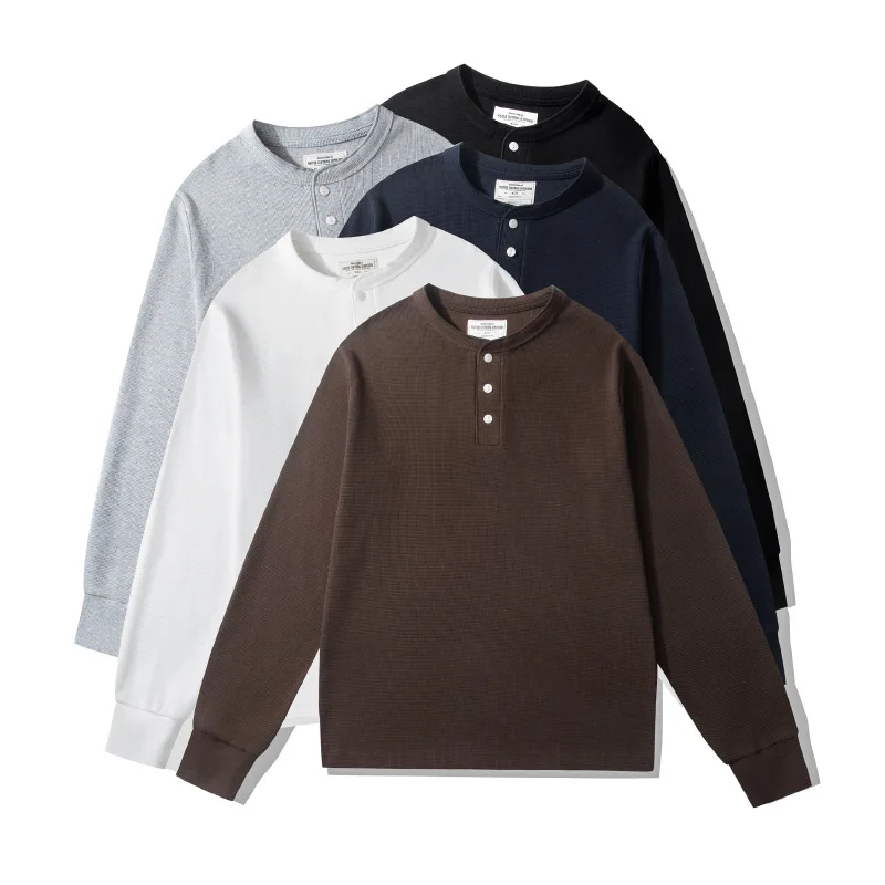 Schweres Waffel-Henley-Shirt für Herren, einfarbig, schlichtes Langarm-Unterhemd, amerikanisches Casual-Innenshirt