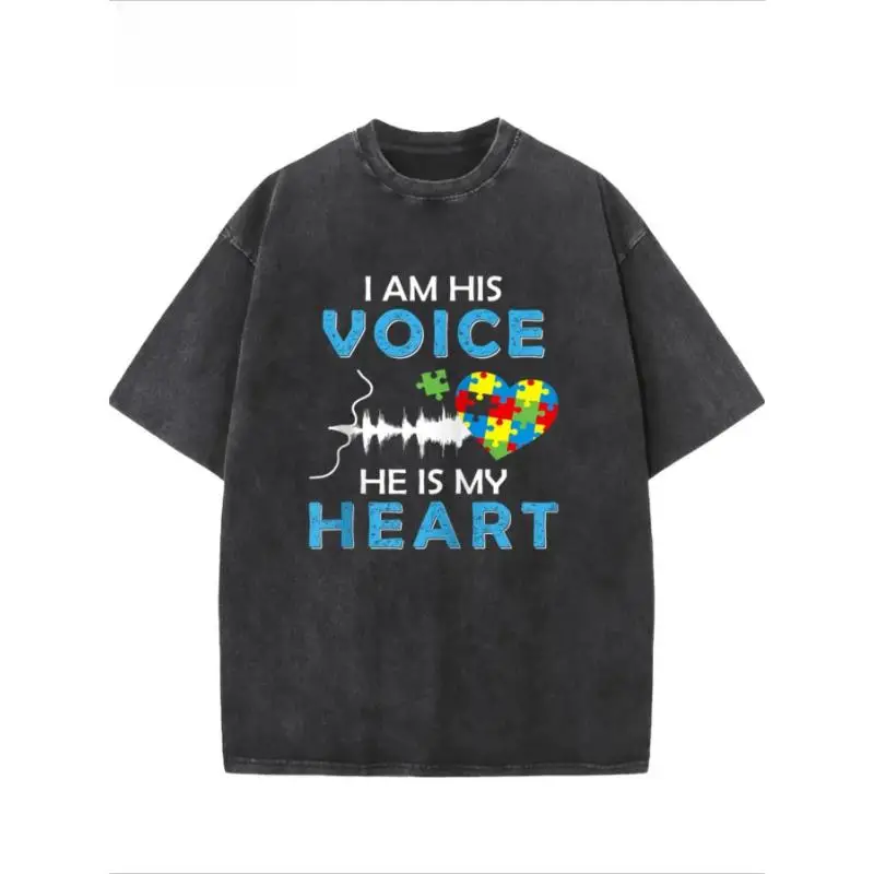 

Vintage "I Am His Voice He Is My Heart" T-Shirt Oversized Autism Awareness Slogan Tee Puzzle Piece Graphic Gift