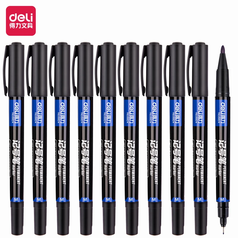 

Deli 10pcs/lot Permanent Marker Pen Multicolor Dual Tip 0.5/1.0 mm Nib Black Blue Red Art Waterproof Marker Pens Stationery Gift