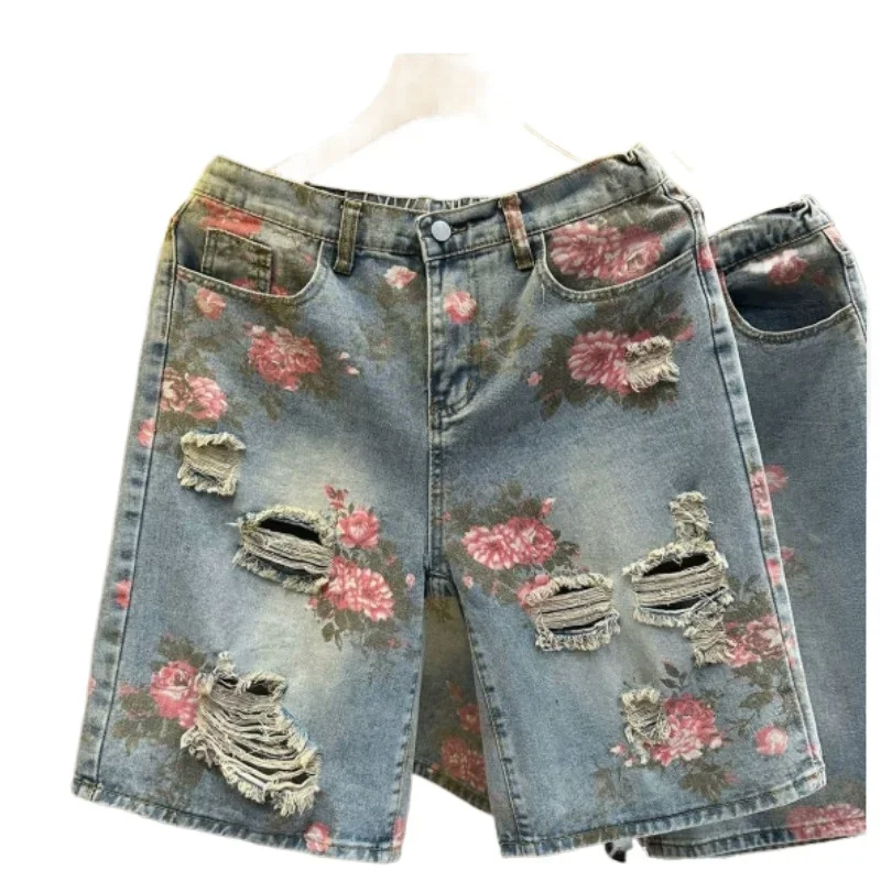 Vintage Print Trend Denim Shorts Women High-waist Summer New Slimming Temperament All Match Five Quarter Wide Leg Straight Pants