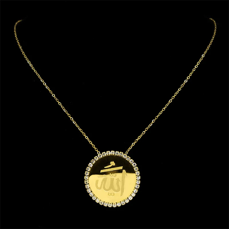 

Islam Muslim Allah Quran Rhinestone Hollow Pendant Necklace Women Men Stainless Steel Gold Color Chain Islamic Amulet Jewelry