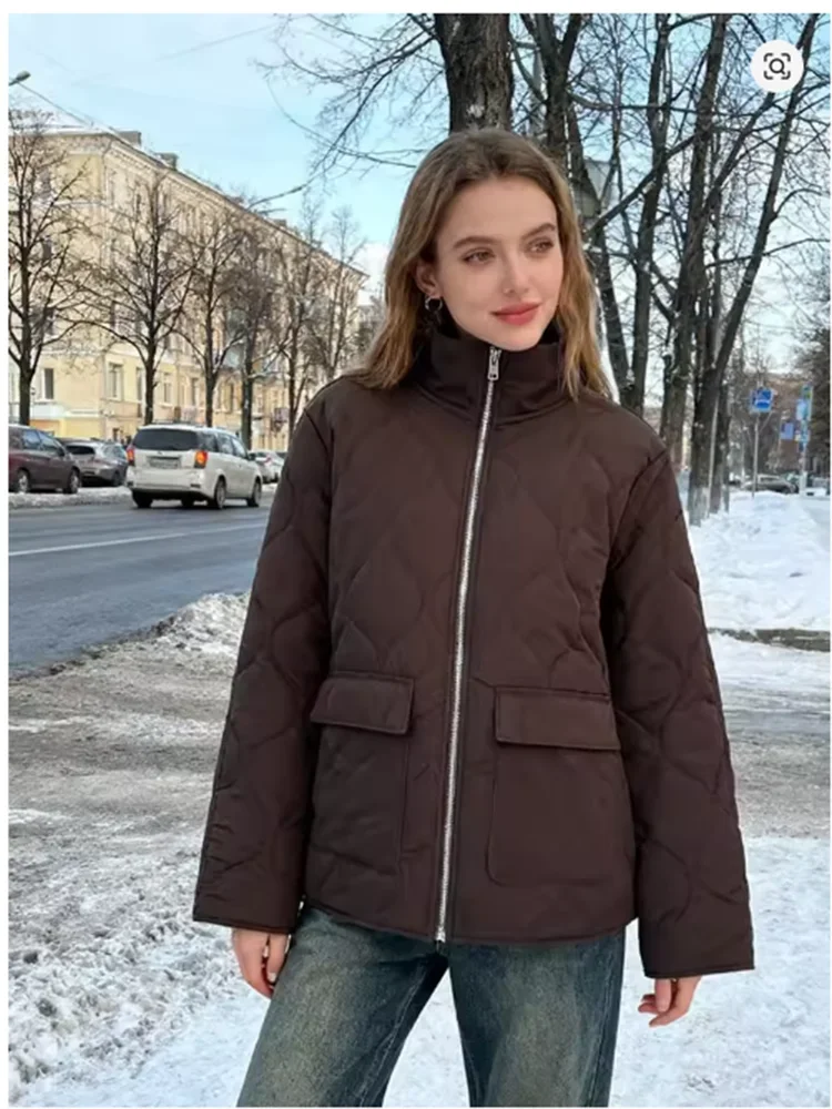 Parka damska na jesień i zimę, ocieplana, z wysokim kołnierzem, luźny krój, płaszcz z watowaniem bawełnianym, zapinana na zamek i guziki, styl vintage.