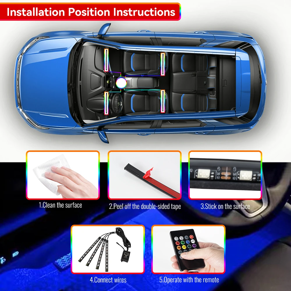 Neonowe wnętrze samochodu oświetlenie podłogowe z bezprzewodową zdalną muzyką USB kontrola aplikacji nastrojowa lampa dekoracyjna LED RGB 48