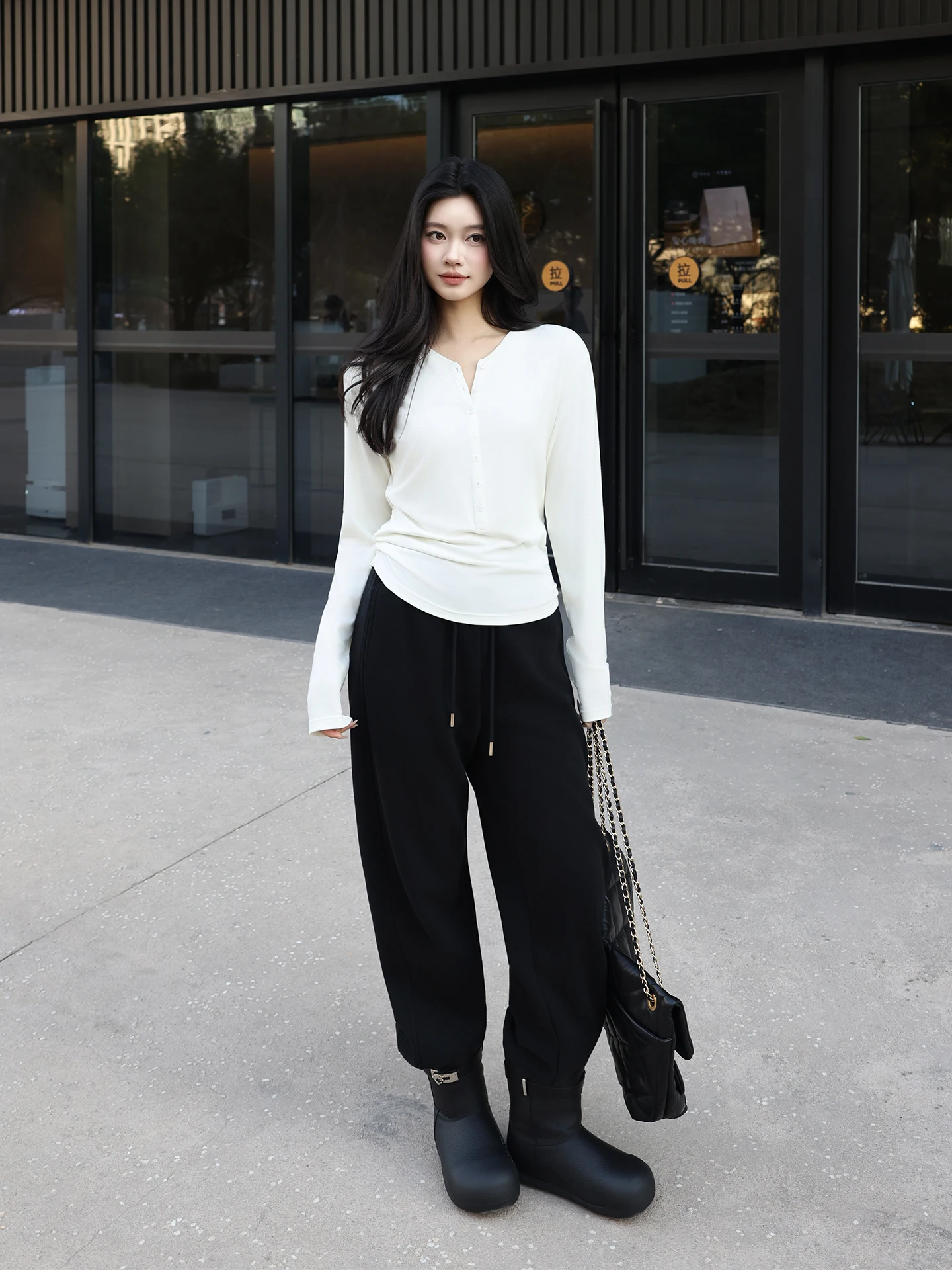 

High Waist Slimming Baby Velvet Fce Lined Cuffed Casual Pants Yang's Personal Sle Airport Look Luxury Feel Cotton Blend