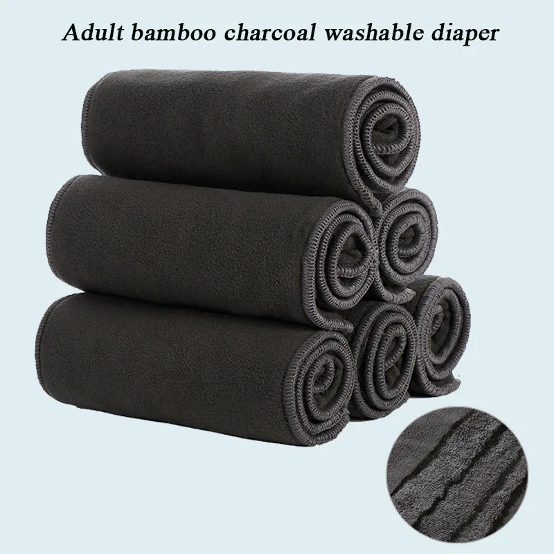 5-Layer Adult Washable Diapers Bamboo Charcoal Microfiber Thickened High Absorption Reusable Nappies for Incontinent